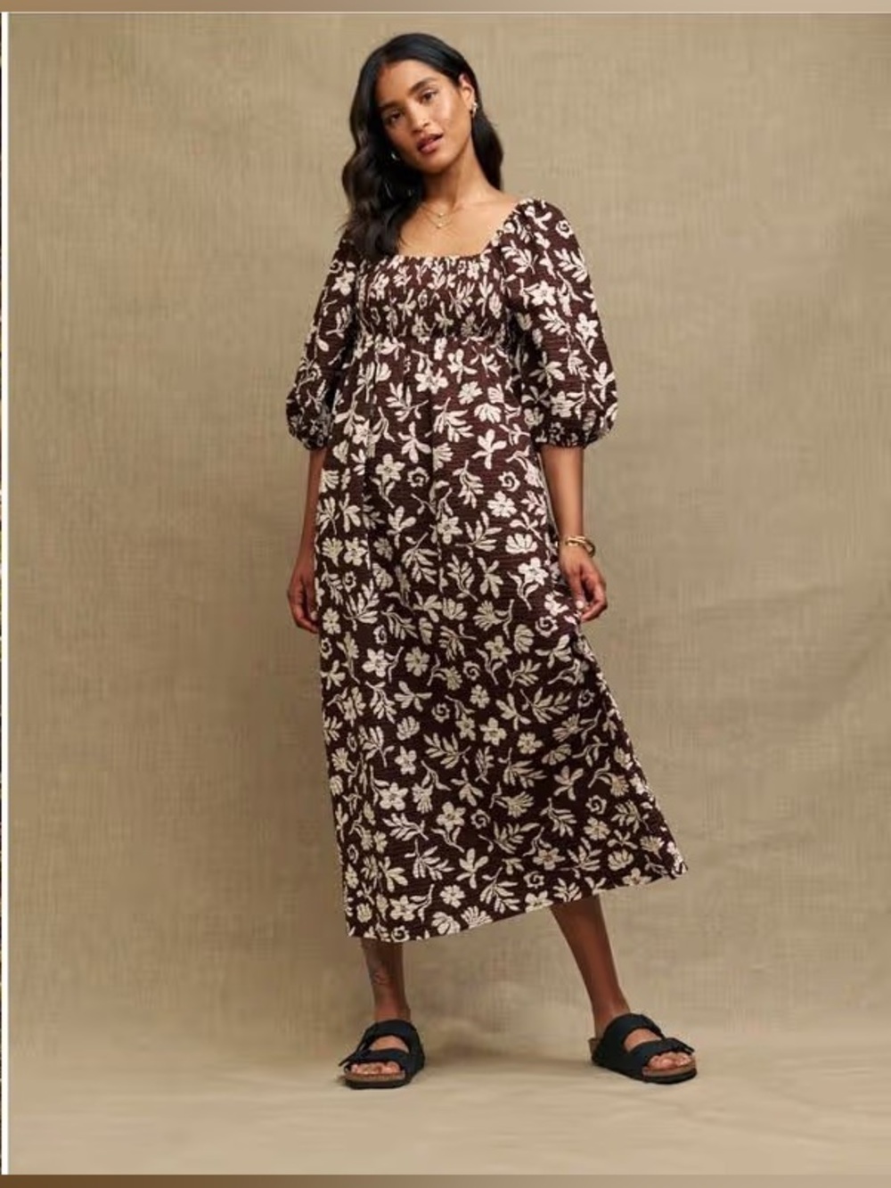 Cotton Brown Botanical Floral Puff Sleeve Smocked Midi Dress